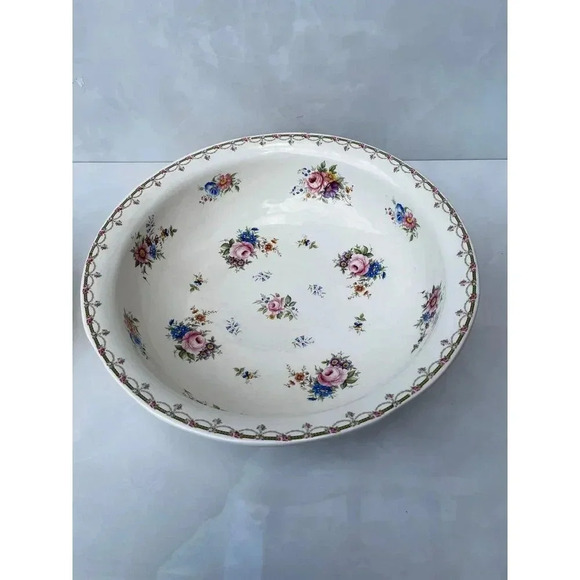 Vintage Ironstone Pitcher and Large Basin Bowl White Pink Flower - Picture 4 of 15